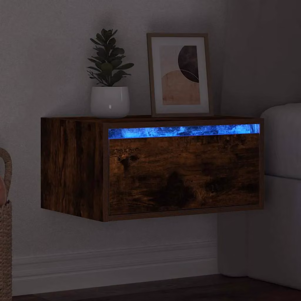 Berkfield Home Wall-mounted Bedside Cabinet with Integrated LED Lights in Smoked Oak Brown – 4