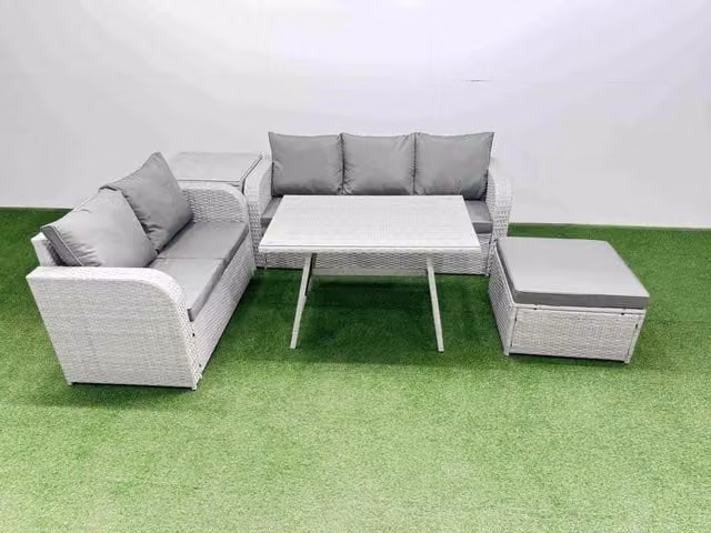 Fimous Rectangular Dining Table and Sofa Set with Large Stool and Side Table in Light Grey