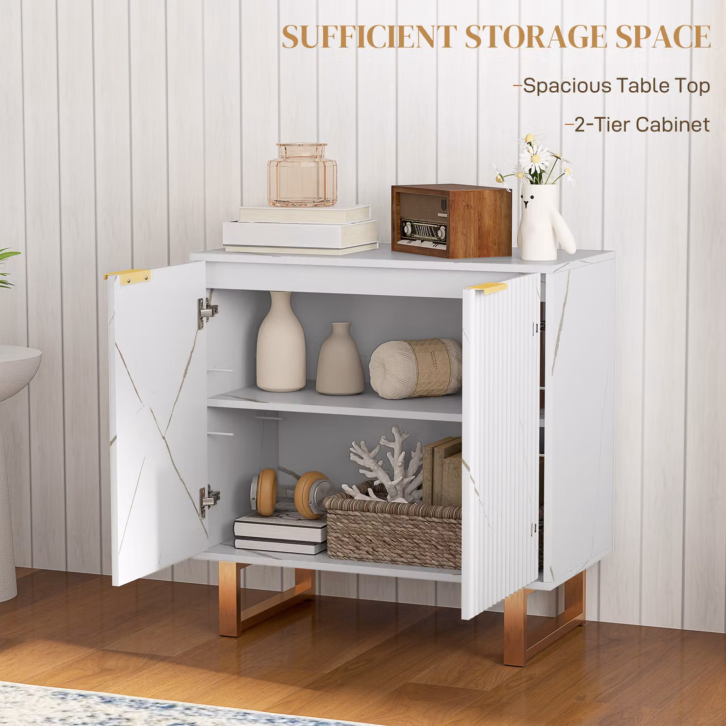 HOMCOM Elegant Modern Storage Sideboard in White and Gold-Tone – 3