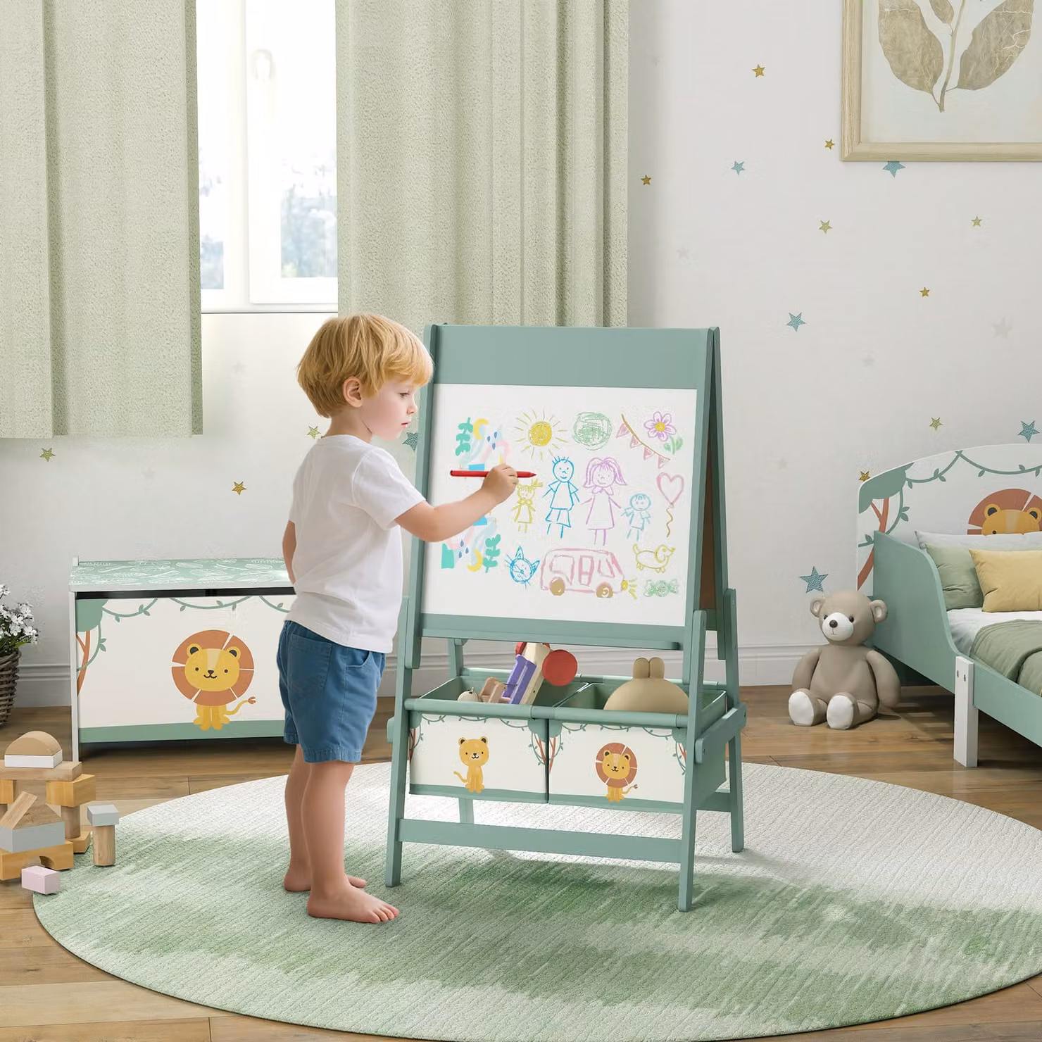 AIYAPLAY Green Art Easel for Kids with Double-Sided Whiteboard and Blackboard, Paper Roll and Two Storage Boxes – 2