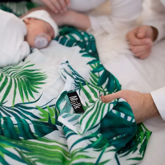 Miilk Organic Cotton and Bamboo Muslin Swaddle Blanket for Babies, Tropical Leaf Green