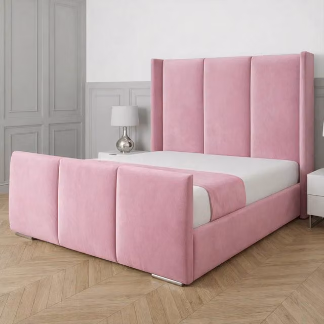UK Bed Furniture Miami Wingback Upholstered Velvet Bed in Pink, Size: 120 x 200 cm