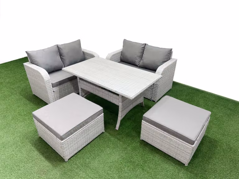 Fimous 6 Seater Rattan Garden Furniture Set with Rectangular Dining Table and Footstool in Light Grey