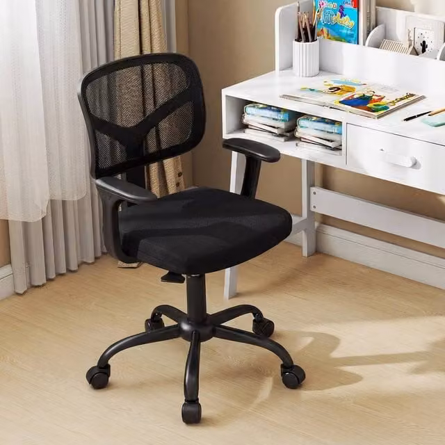 Kelvenix Black Fabric Swivel Task Chair with Armrests and Castors for Home Office or Bedroom