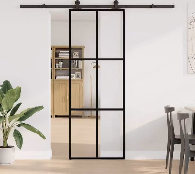 Berkfield Home Modern Sliding Door with Hardware Set, Black ESG Glass and Aluminium, W: 76 cm, H: 205 cm