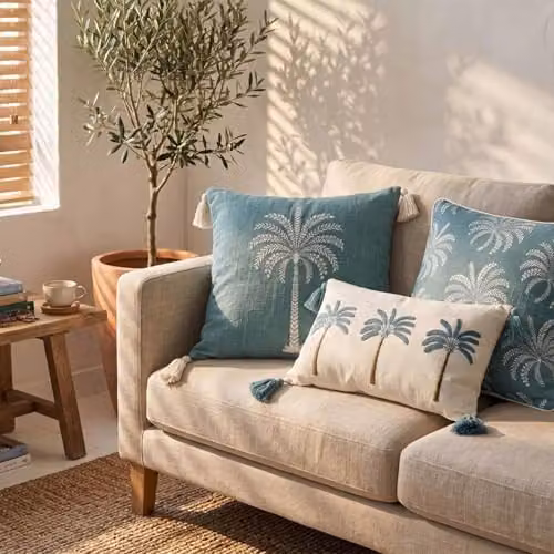 Homescapes Blue Palm Leaves Cotton Square Throw Pillow with Removable Cover, W/D/H: 45 x 45 x 45 cm – 4
