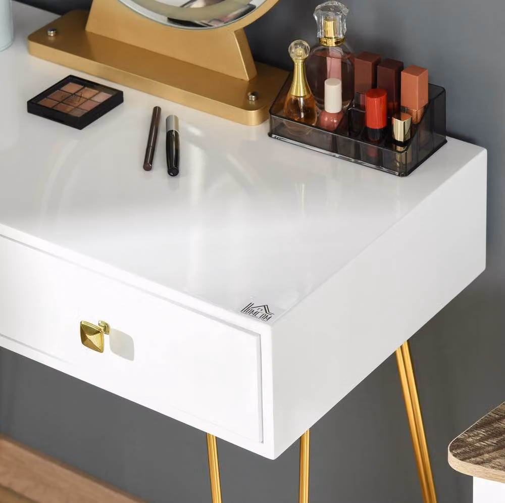 STILVORA Modern Dressing Table Set with LED Mirror and Stool in White and Gold – 3