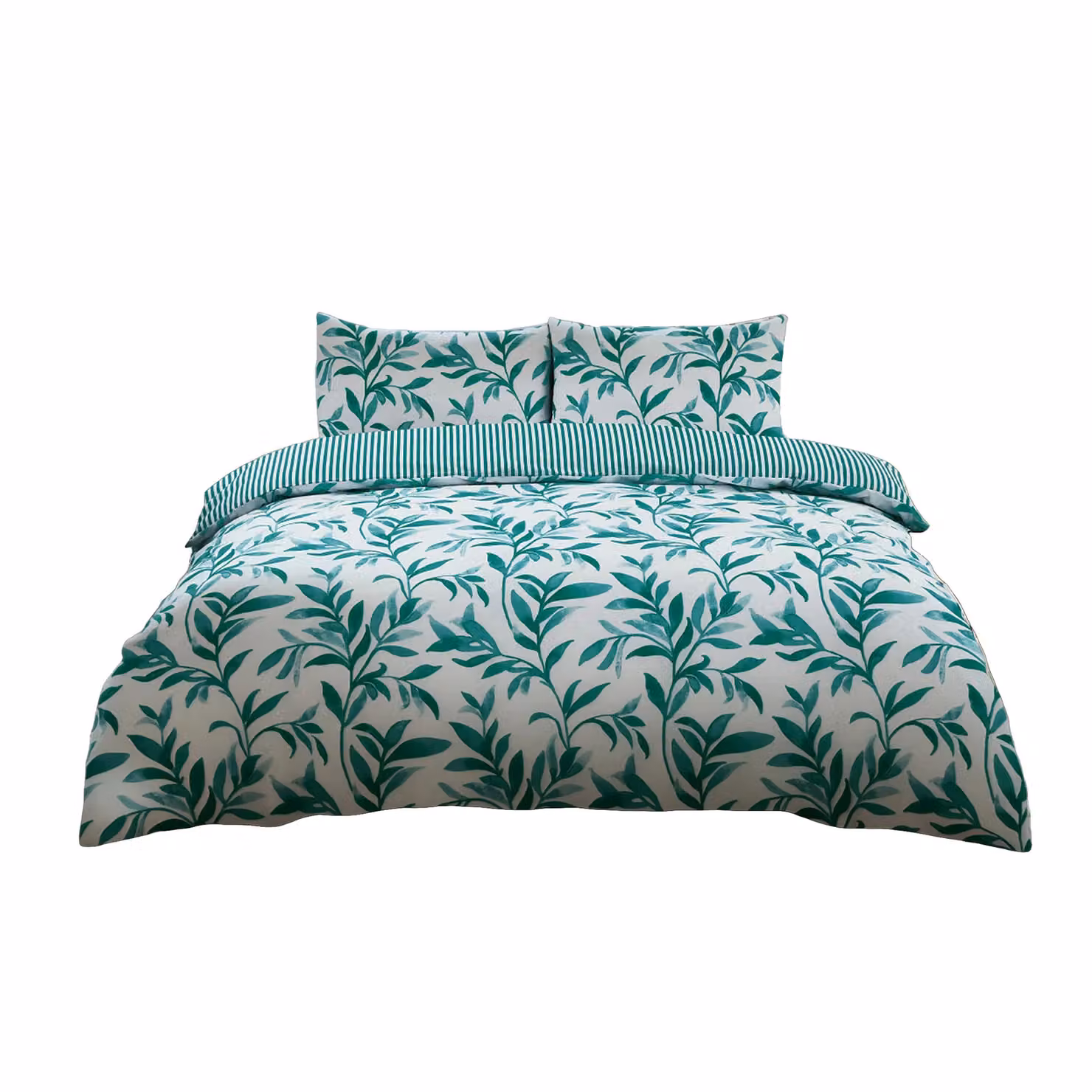 Home Sweet Home UK Ella Reversible Leaf and Stripe Polycotton Duvet Cover and Pillowcase Set in Petrol Blue, Super King, 220 x 220 cm – 2