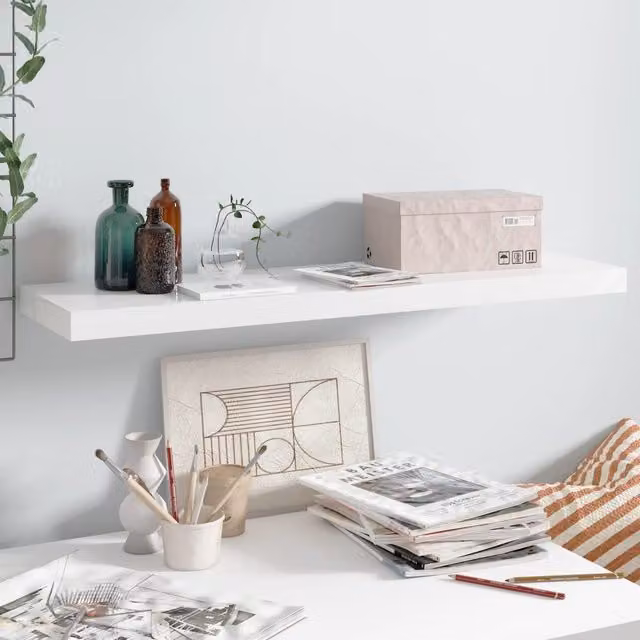 Berkfield Home Floating Wall Shelf in High Gloss White, W/D/H: 90 x 23.5 x 3.8 cm