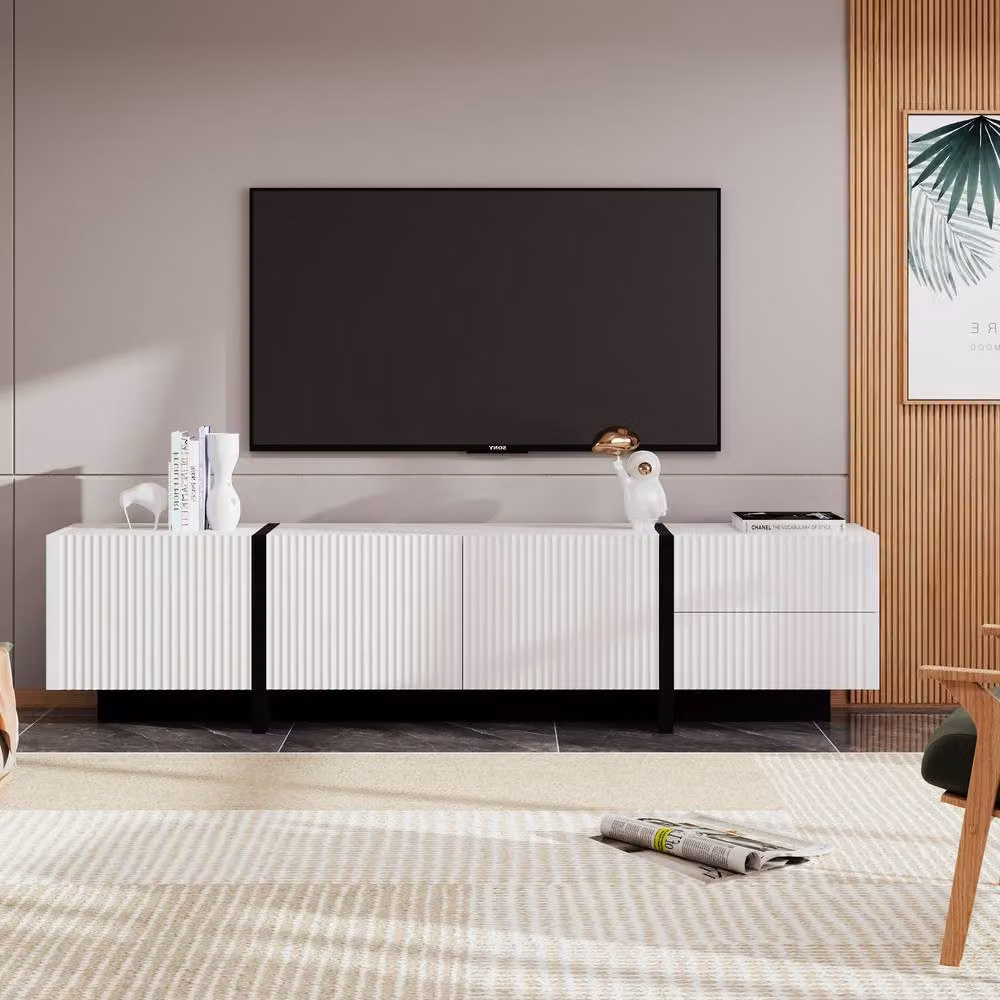 BTM Modern Glossy White and Gold TV Cabinet with 3 Doors and 2 Drawers, W: 190 cm, D: 35 cm, H: 45 cm – 3