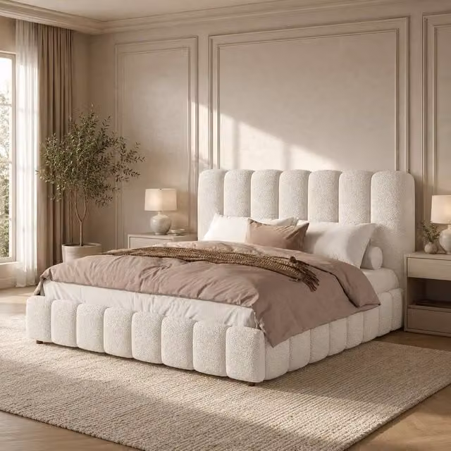 STILVORA King Size Upholstered Bouclé Bed with Hydraulic Storage in White, W/D/H: 180 x 200 x 102.5 cm (Height: 165 cm)