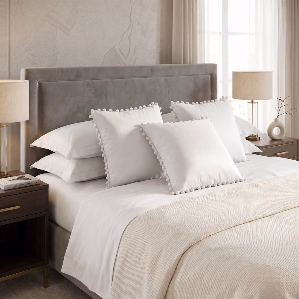Luxury Living Set of 4 Square Velvet Cushions with Pom Trim in Beige and White, W/D/H: 43 x 43 x 43 cm – 2