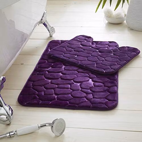 Gaveno Cavailia 2 Piece Purple Memory Foam Pebble Bath Set with Bath Mat and WC Pedestal Mat