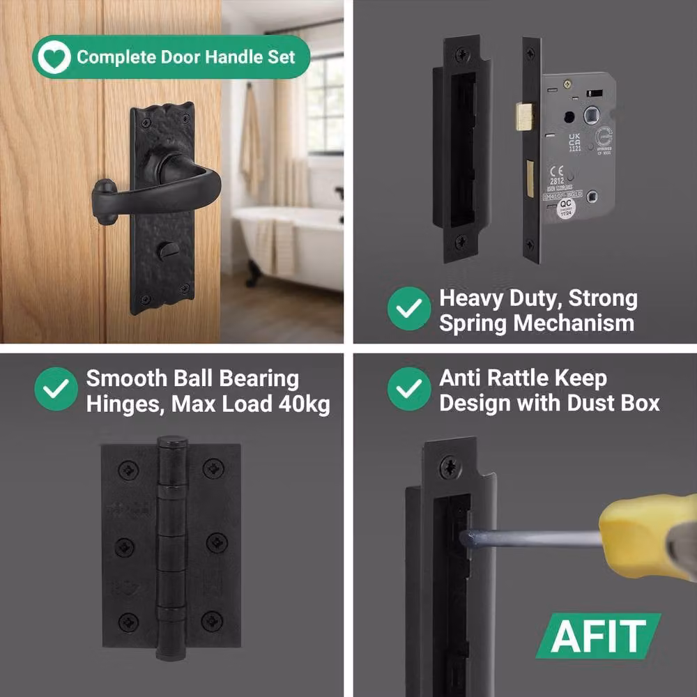 AFIT Black Antique Cast Iron Bathroom Handles and WC Lock with 80mm Hinges, 1 Pair, W/D/H: 15 x 15 x 1.5 cm – 4