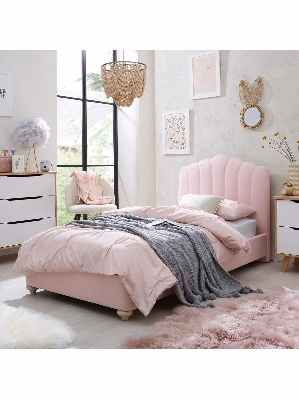 Emma Upholstered Fabric Childrens Single Bed in Pink, W/D/H: 204 x 101.5 x 100 cm
