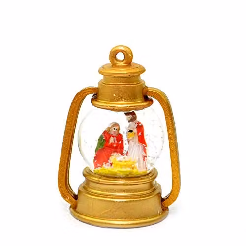 Shatchi Christmas Nativity Snow Globe with Gold Lantern and Mary, Joseph and Jesus in Brown and Gold