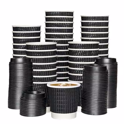 ECONX 500 x 4oz Black Disposable Kraft Paper Ripple Cups with Lids, Leak Proof Insulated Triple Wall Takeaway Coffee Cups – 1