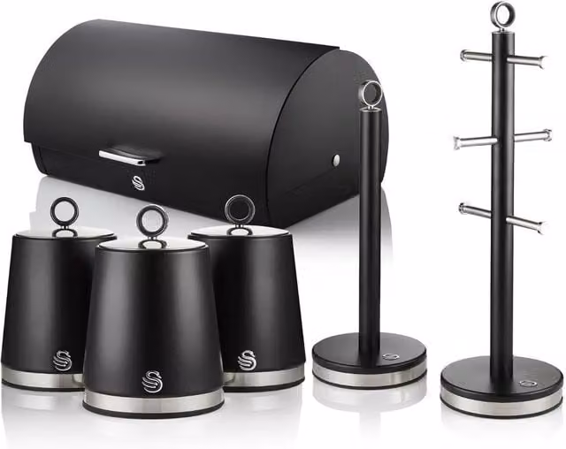 Swan Serenity Black Kitchen Set Including Bread Bin, 3 Canisters, Towel Pole and Mug Tree