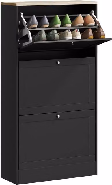 HOMCOM Modern Black Narrow Wall Mounted Shoe Cabinet with 3 Tilting Compartments