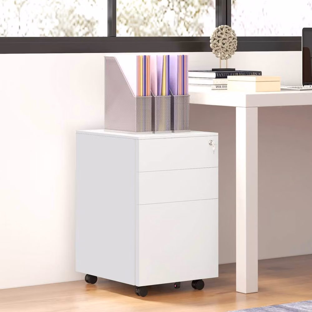 STILVORA Mobile Filing Cabinet with 3 Drawers and Lock in White – 3