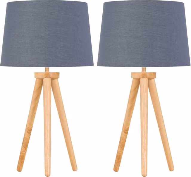 First Choice Lighting Set of 2 Light Oak Table Lamps with Grey and Gold Fabric Shades in Brown, H 51.0 cm x W 28.5 cm x D 28.5 cm – 1
