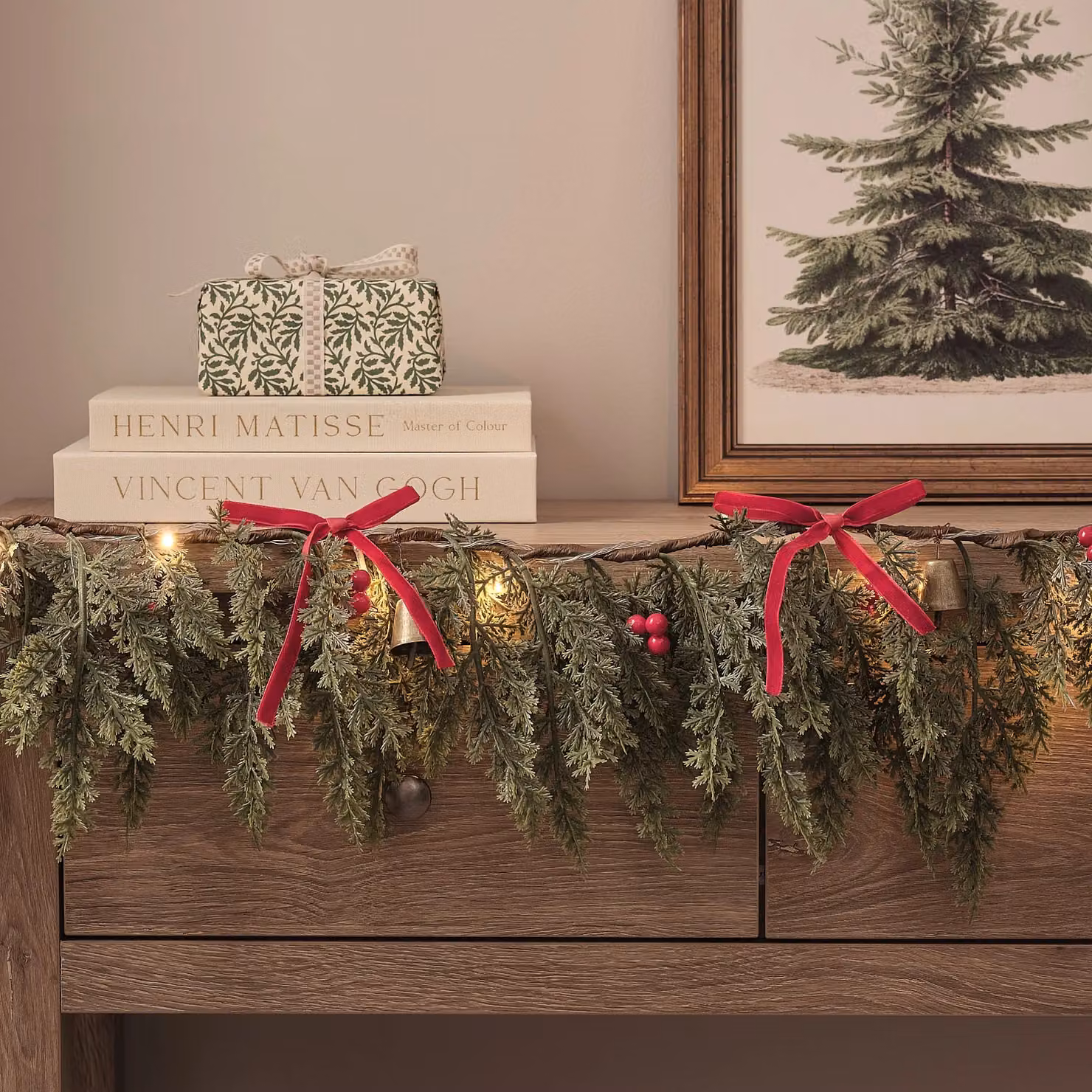 1.5m Pre Lit Ribbons and Bells Christmas Garland in Red, Gold and Green with Warm White LED Lights