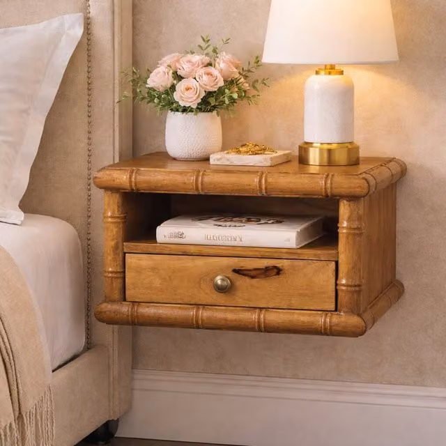 Artisan Furniture Solid Wood Bamboo Open Bedside Table in Amber Oak Finish, Brown