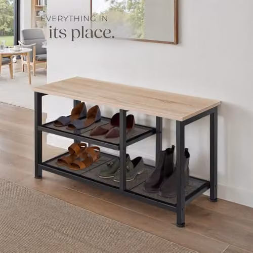 tectake 3-Tier Shoe Rack with Wood-Look Top Shelf and 2 Grid Shelves, Black Industrial Steel Frame, W/D/H: 80 x 30 x 45.5 cm, Light Wood – 7