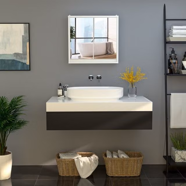 HOMCOM White Wall Mounted Bathroom Mirror Cabinet with Internal Shelves and Hinged Glass Doors, W/D/H: 45 x 14.5 x 48 cm