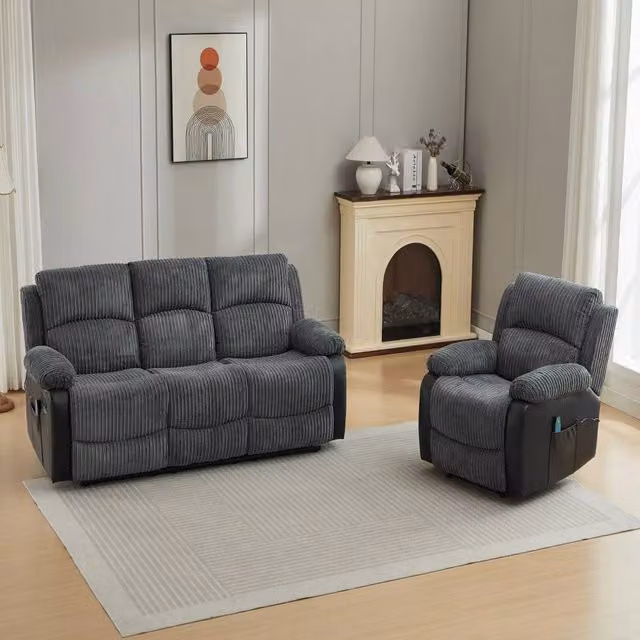 FURNITURE ONE 3+1 Seater Fabric Manual Recliner Sofa and Armchair Set with Ottoman in Grey