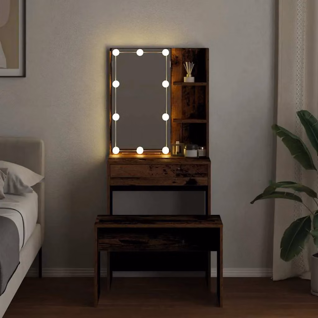 Berkfield Home Hollywood LED Dressing Table Set in Brown Rustic Old Wood – 4