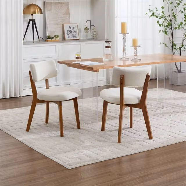 Direct Wicker Set of 2 Mid-Century Linen Dining Chairs with Solid Rubberwood Frame in Light Beige