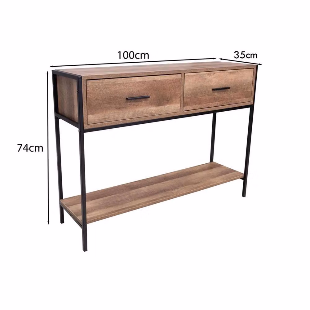 Nordara 2 Drawer Console Table with Black Metal Frame and Brown Wood Finish – 2
