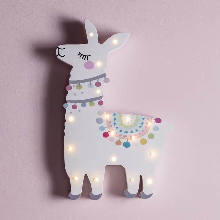 Lights4fun Llama Childrens Battery Operated Nursery Wall Light with 17 Warm White LEDs in Multicolour and White, W/D/H: 30.0 x 21.5 x 2.5 cm