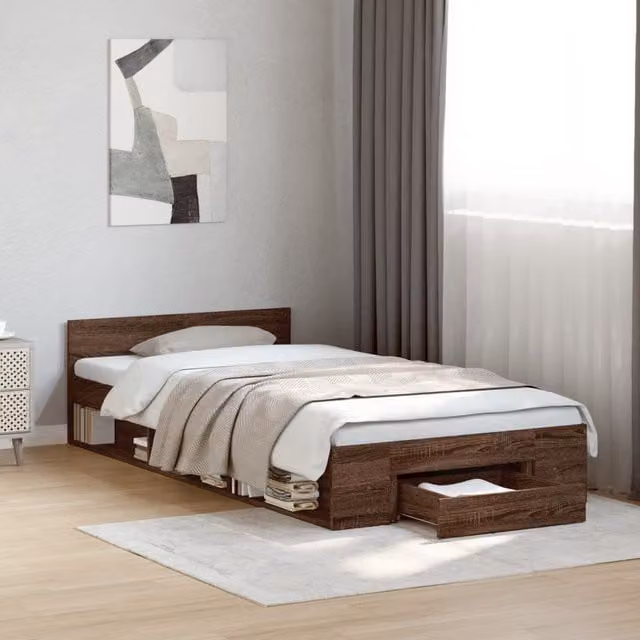 Berkfield Home Small Single Bed Frame with Drawer in Brown Oak, W: 75 cm, L: 190 cm – 1