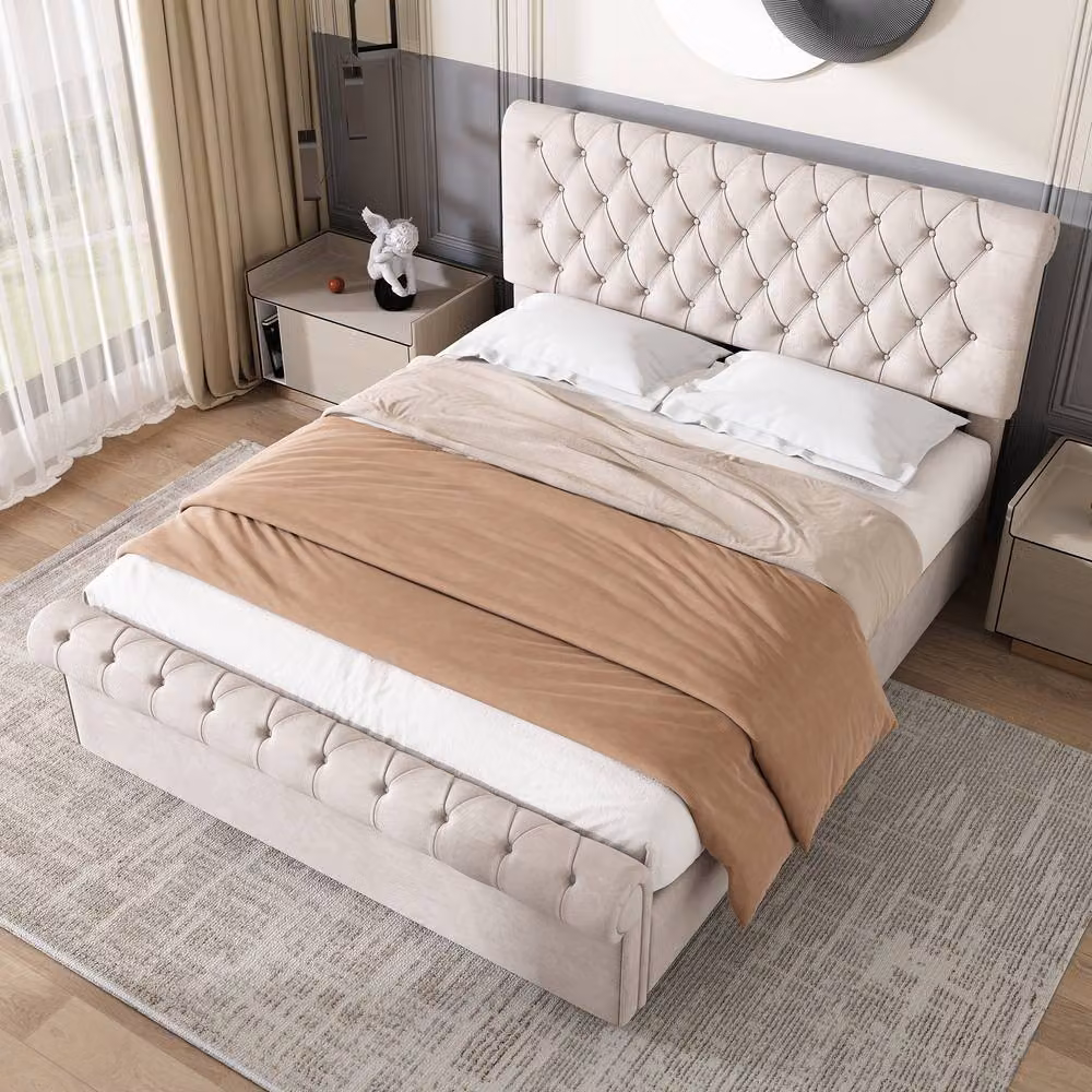 Rolipo Beige Velvet Upholstered Sleigh Bed with Ottoman Storage, W/D/H: 150 x 200 cm – 3