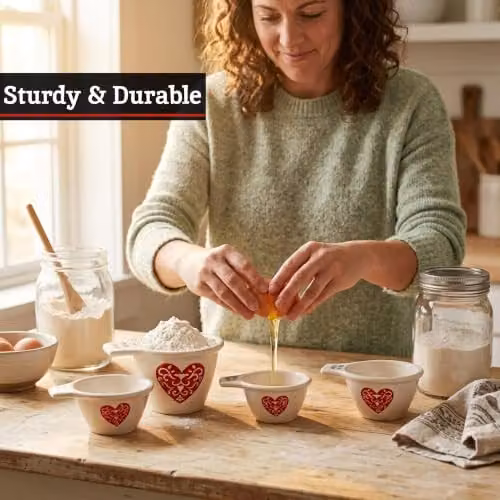 Orsina Ceramic Heart Measuring Cup Set with Printed Scale, Nesting Design in Red, Beige and White – 5