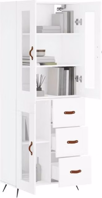 Berkfield Home White Modern Highboard with Glass Doors, W/D/H: 69.5 x 34 x 180 cm
