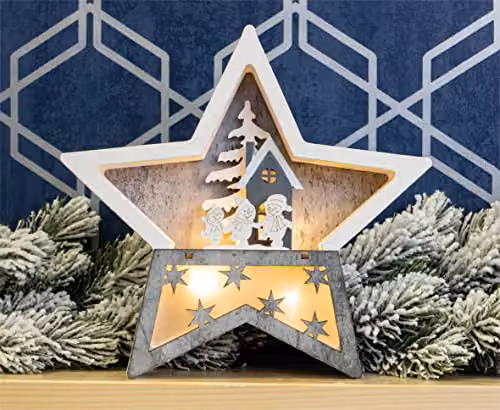 St Helens Home & Garden Battery Powered Wooden Light Up Christmas Star in White and Brown – 6
