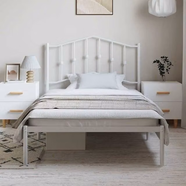 Berkfield Home Metal Bed Frame with Headboard in White, W/D/H: 100 x 200 cm