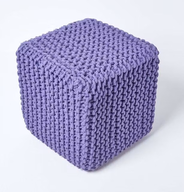 Homescapes Cotton Knitted Pouffe Cube in Purple