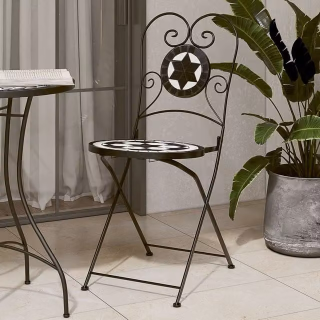 Berkfield Home Bistro Chairs Set of 2 Foldable Black and White Geometric Ceramic and Metal Chairs