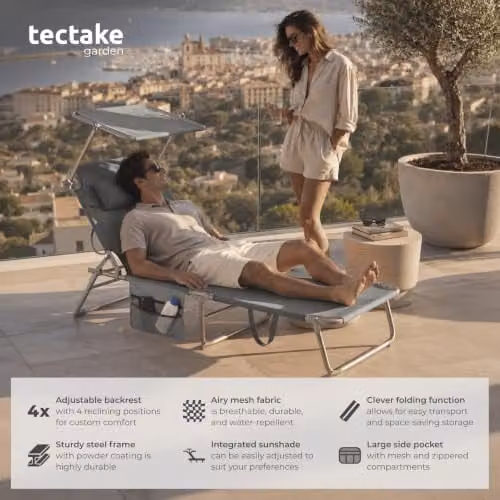 tectake Folding Sun Lounger with Sun Canopy and Adjustable Headrest in Grey, W/D/H: 190 x 68 x 111 cm – 3