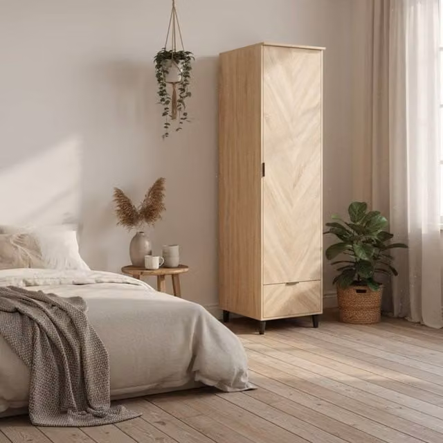 Wyld Haus Chevron 1 Door Wardrobe with Oak Drawer Panel in Natural Oak Finish, H 190 x W 58 x D 50 cm