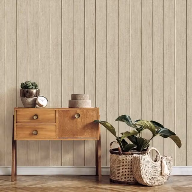 Fine Decor Painted Wood Panel Effect Striped Wallpaper in Cream, Green, Yellow and Beige