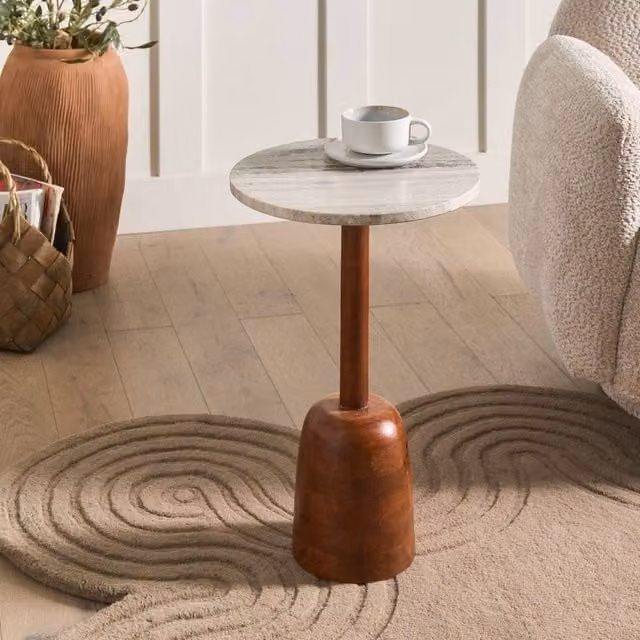 Wyld and Coco Round Side Table with Marble Top and Walnut Veneer Mango Wood Base in Brown – 1