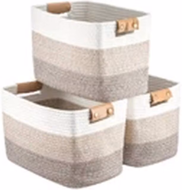 EONLION 3-Piece Cotton Rope Woven Storage Basket and Laundry Bin Set with Handles in Brown and Multicolour – 1