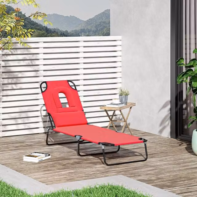 Outsunny Folding Sun Lounger with Pillow in Red