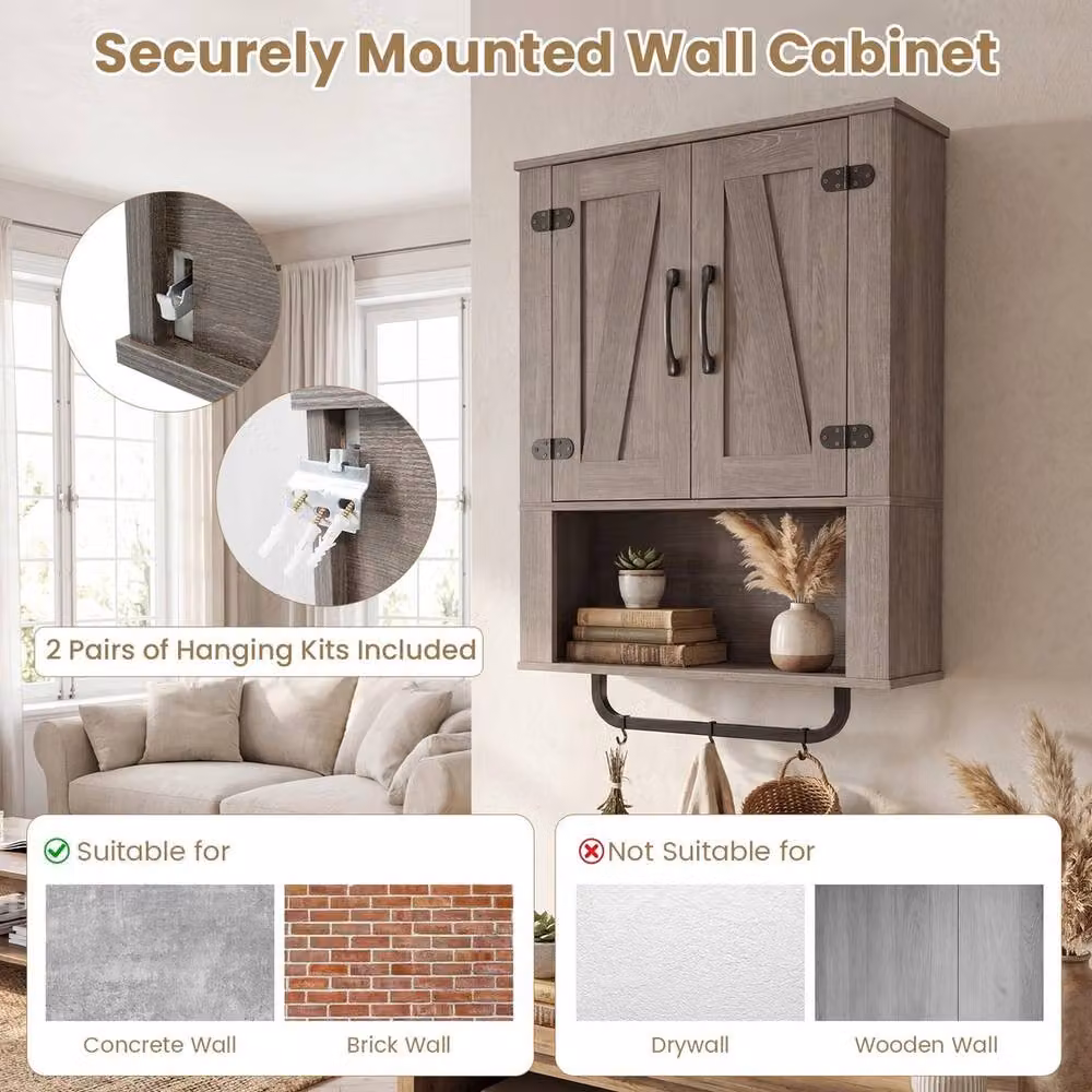 VOGREX Grey Rustic Farmhouse Wall Mounted Cabinet with Hinged Doors and Internal Shelves – 5
