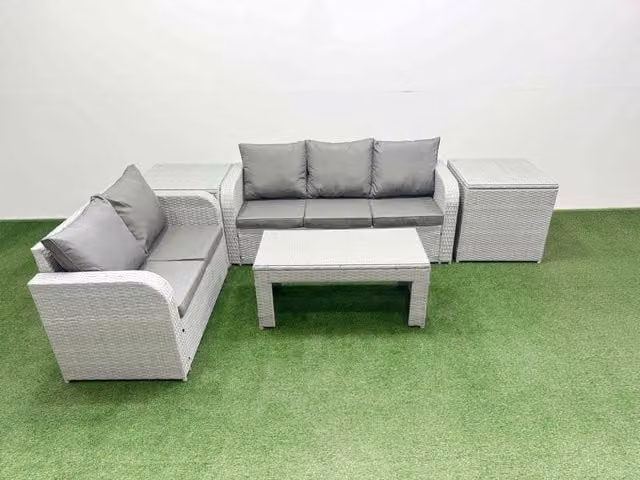 Fimous 5 Seater Grey PE Rattan Wicker Garden Furniture Set with 3 Seater Sofa, Love Seat, Oblong Coffee Table and 2 Side Tables
